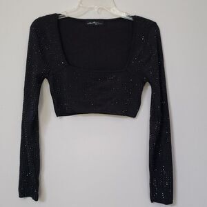 On Twelfth Crop Top Womens sz Medium BodyCon Black Square neck Long Sleeve Shine